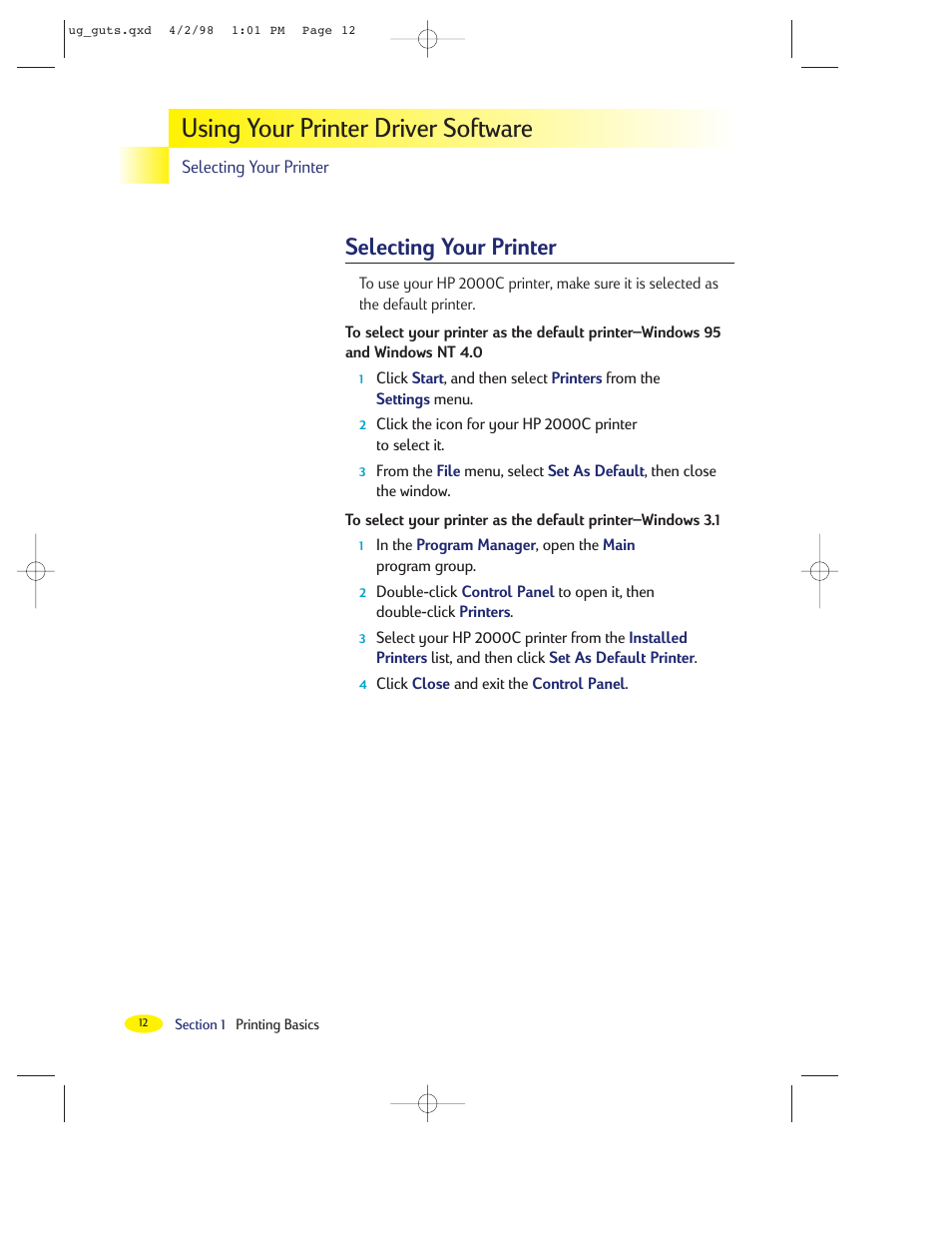 Using your printer driver software, Selecting your printer | HP 2000C User Manual | Page 14 / 53