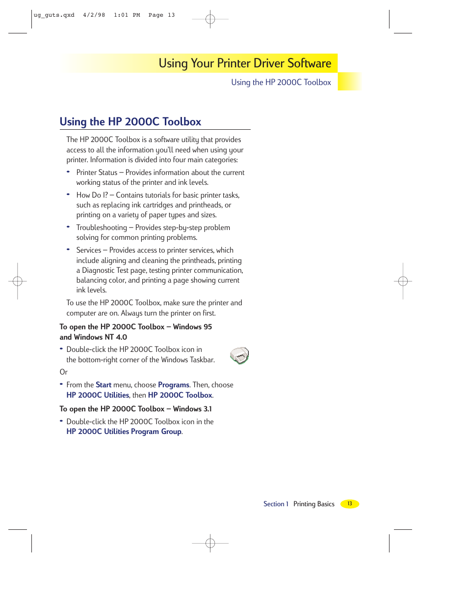 Using your printer driver software, Using the hp 2000c toolbox | HP 2000C User Manual | Page 15 / 53