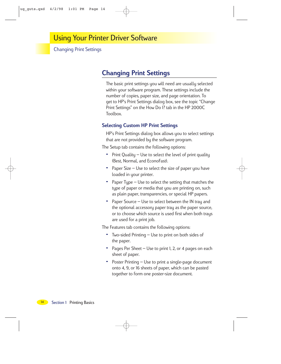 Using your printer driver software, Changing print settings | HP 2000C User Manual | Page 16 / 53