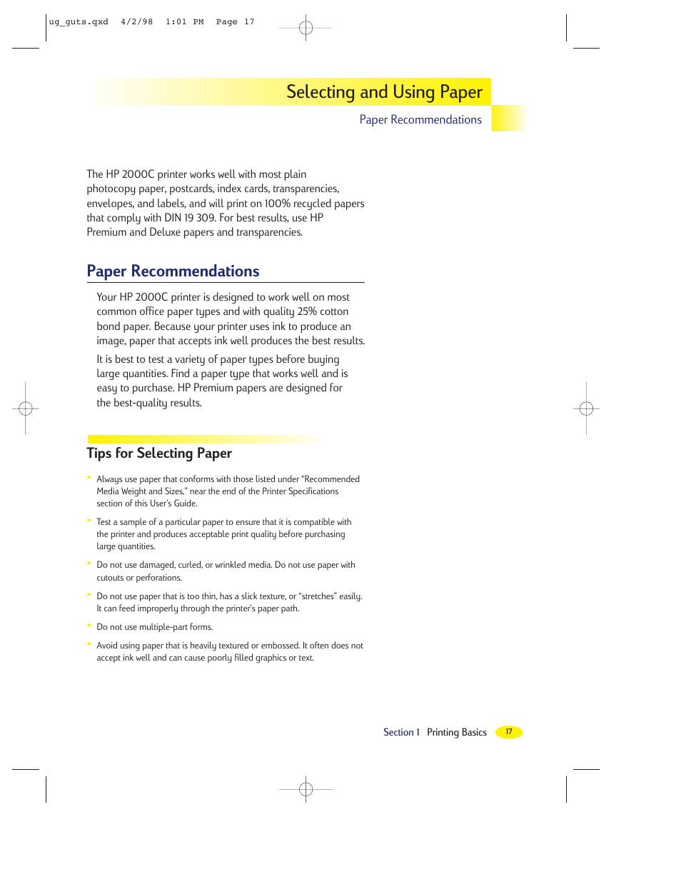 Selecting and using paper, Paper recommendations | HP 2000C User Manual | Page 18 / 53