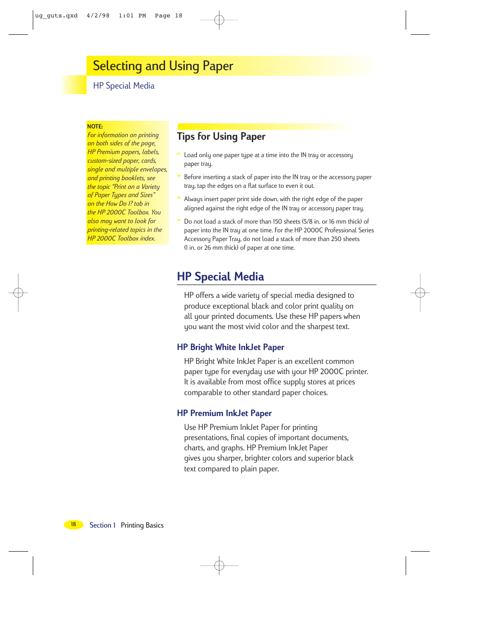 Selecting and using paper, Hp special media, Tips for using paper | HP 2000C User Manual | Page 19 / 53