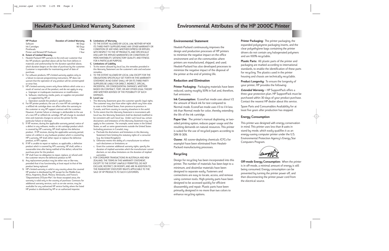 Environmental statement, Reduction and elimination, Recycling | Energy consumption | HP 2000C User Manual | Page 2 / 53