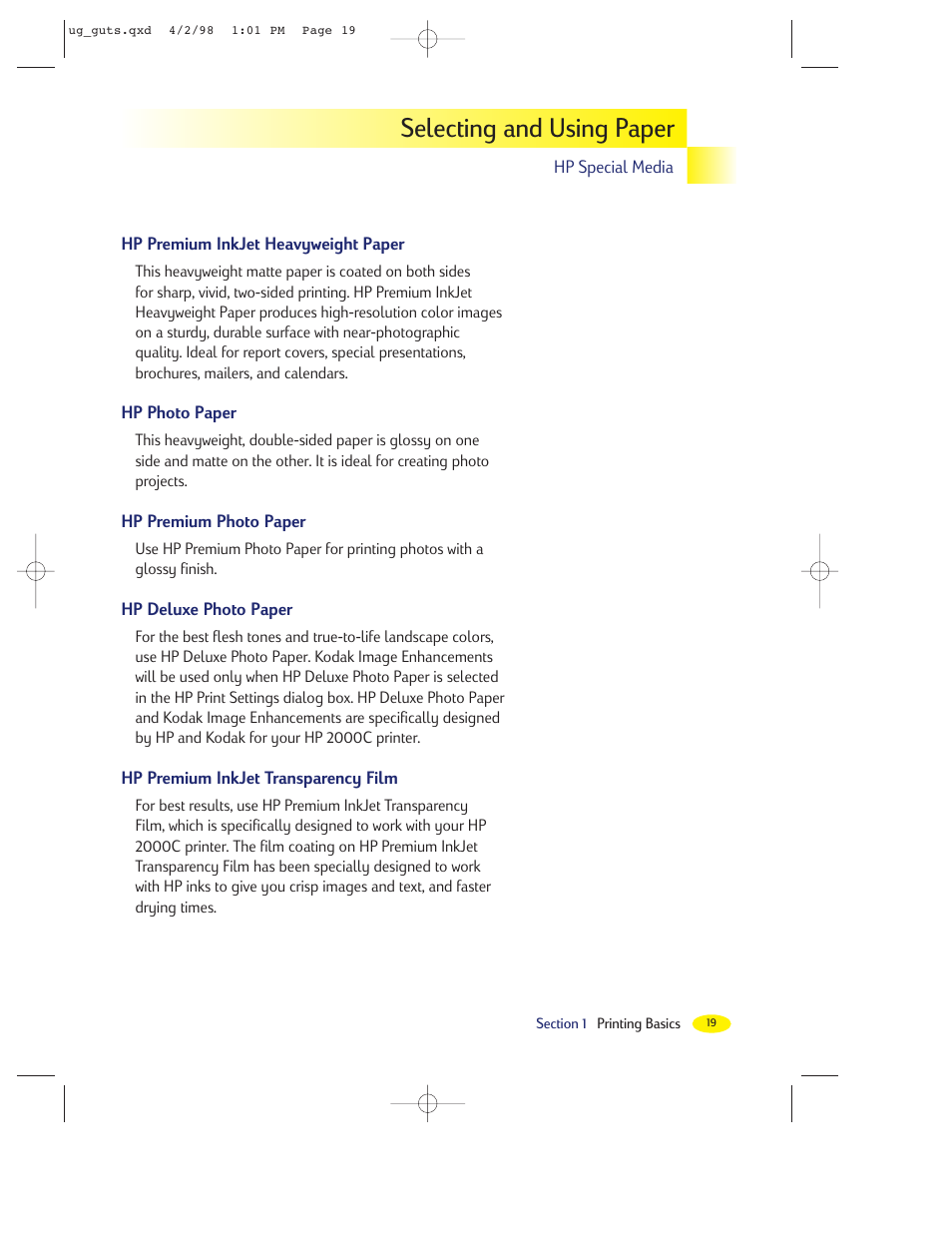 Selecting and using paper | HP 2000C User Manual | Page 20 / 53