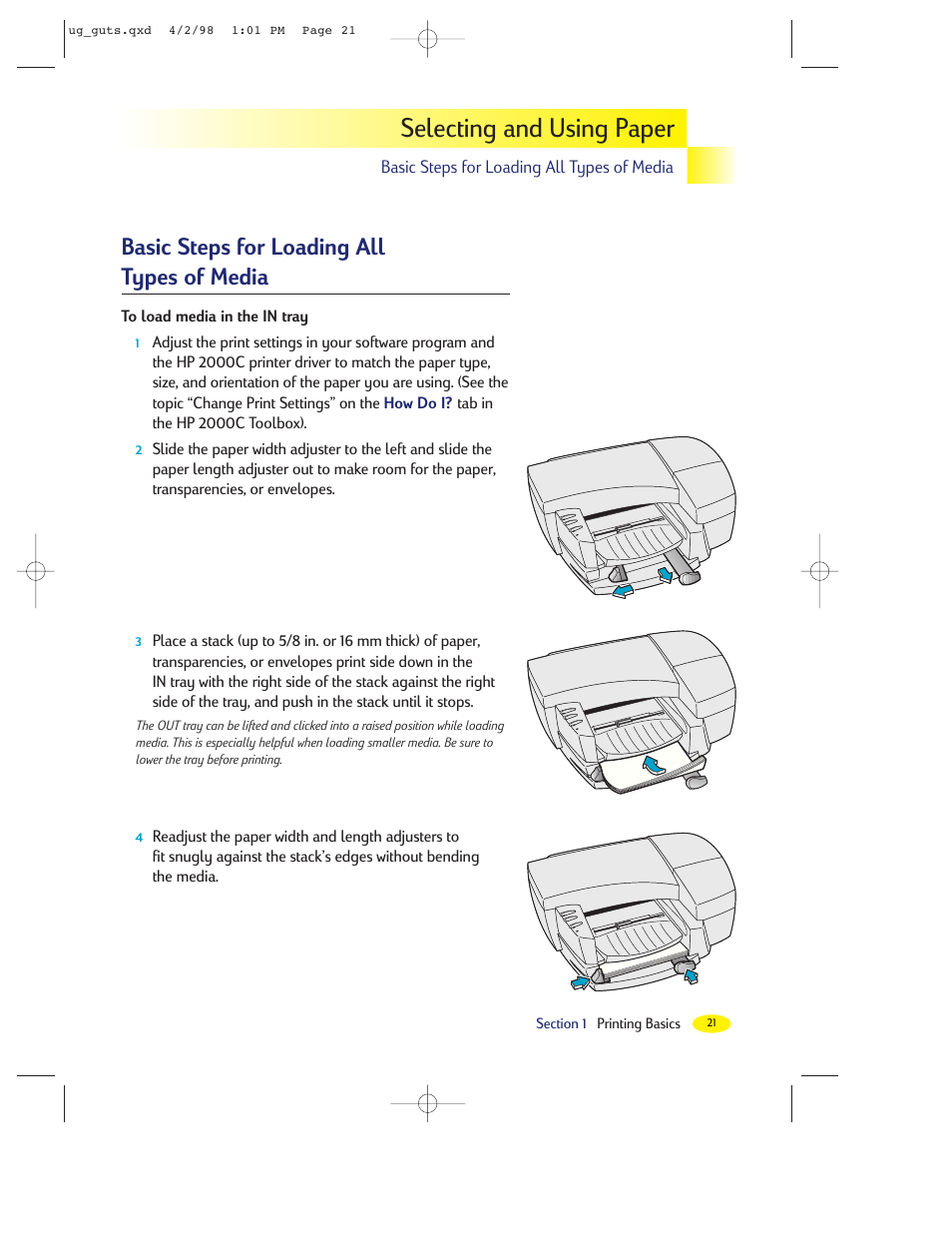 Selecting and using paper, Basic steps for loading all types of media | HP 2000C User Manual | Page 22 / 53