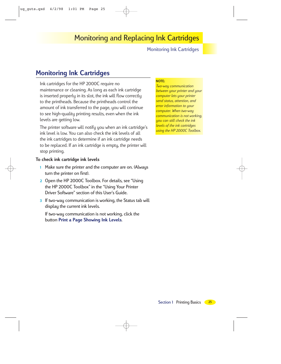 Monitoring and replacing ink cartridges, Monitoring ink cartridges | HP 2000C User Manual | Page 25 / 53