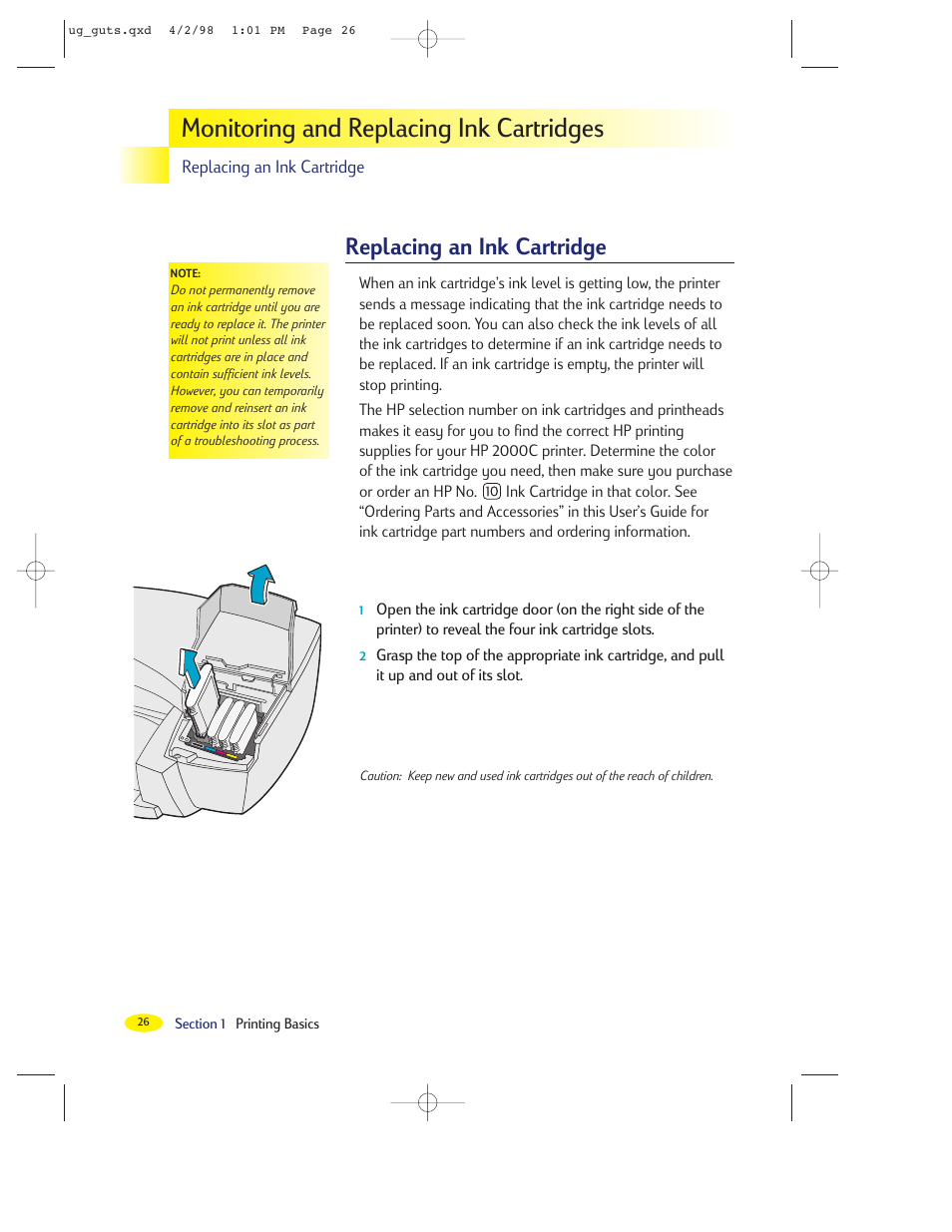 Monitoring and replacing ink cartridges, Replacing an ink cartridge | HP 2000C User Manual | Page 26 / 53