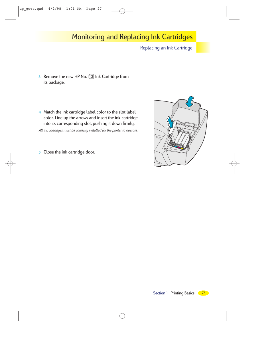 Monitoring and replacing ink cartridges | HP 2000C User Manual | Page 27 / 53