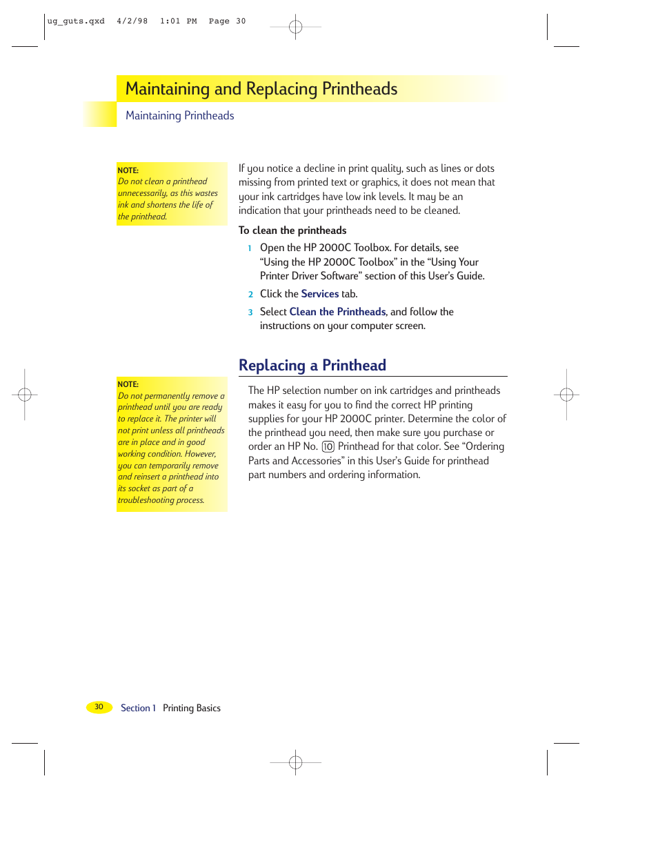 Maintaining and replacing printheads, Replacing a printhead | HP 2000C User Manual | Page 29 / 53