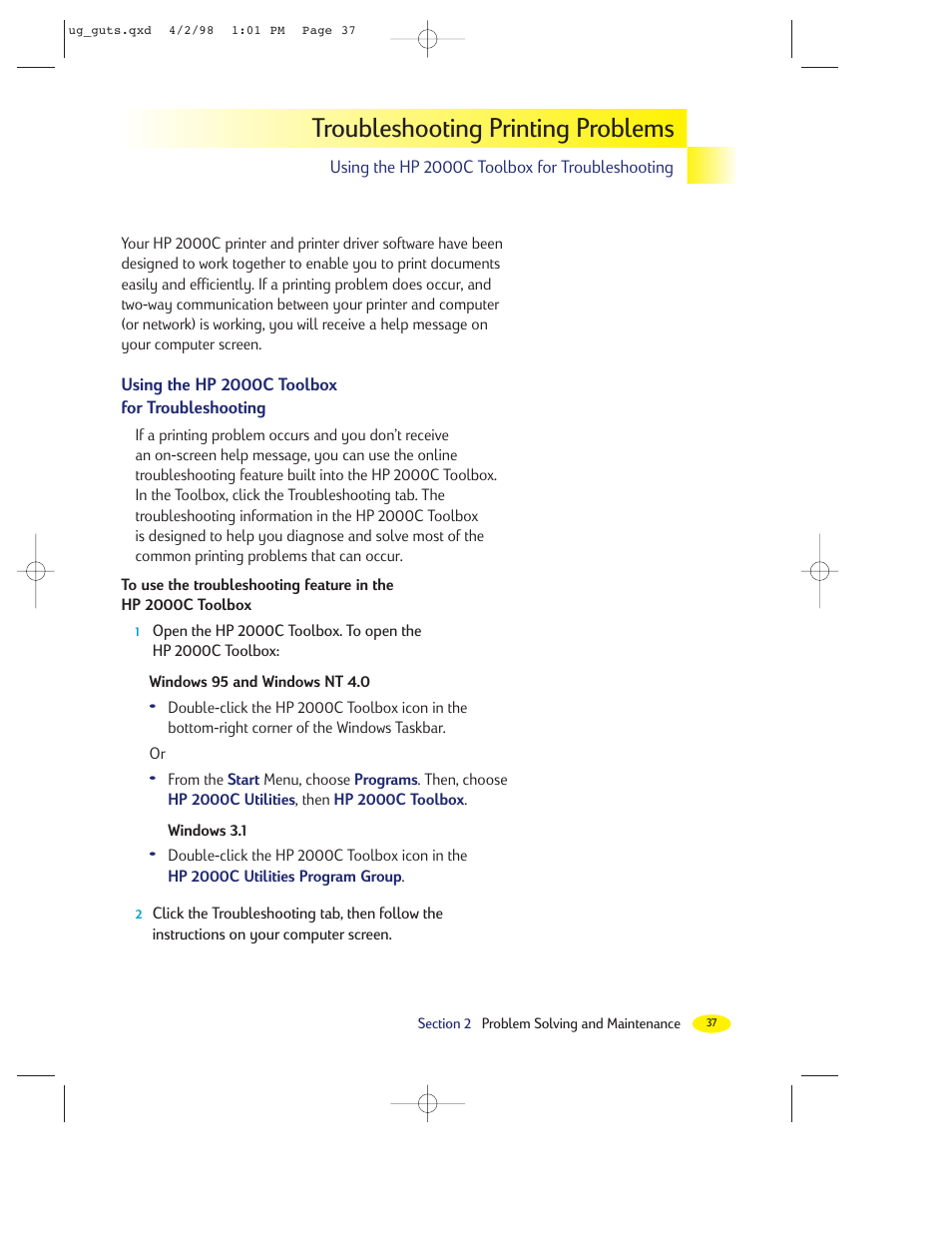 Troubleshooting printing problems | HP 2000C User Manual | Page 34 / 53