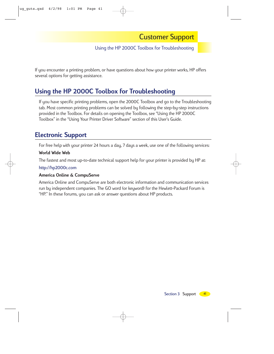 Customer support, Using the hp 2000c toolbox for troubleshooting, Electronic support | HP 2000C User Manual | Page 38 / 53