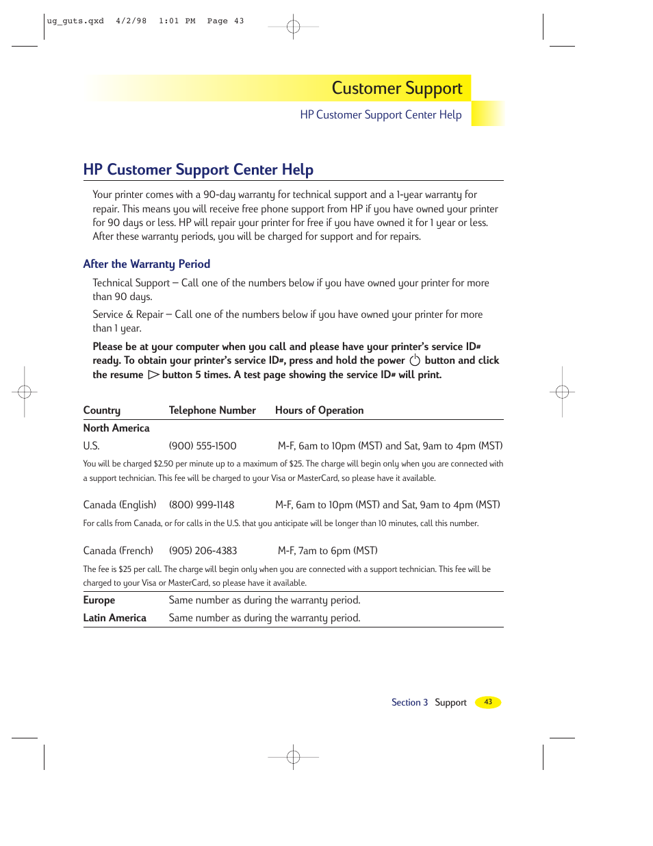 Customer support, Hp customer support center help | HP 2000C User Manual | Page 40 / 53