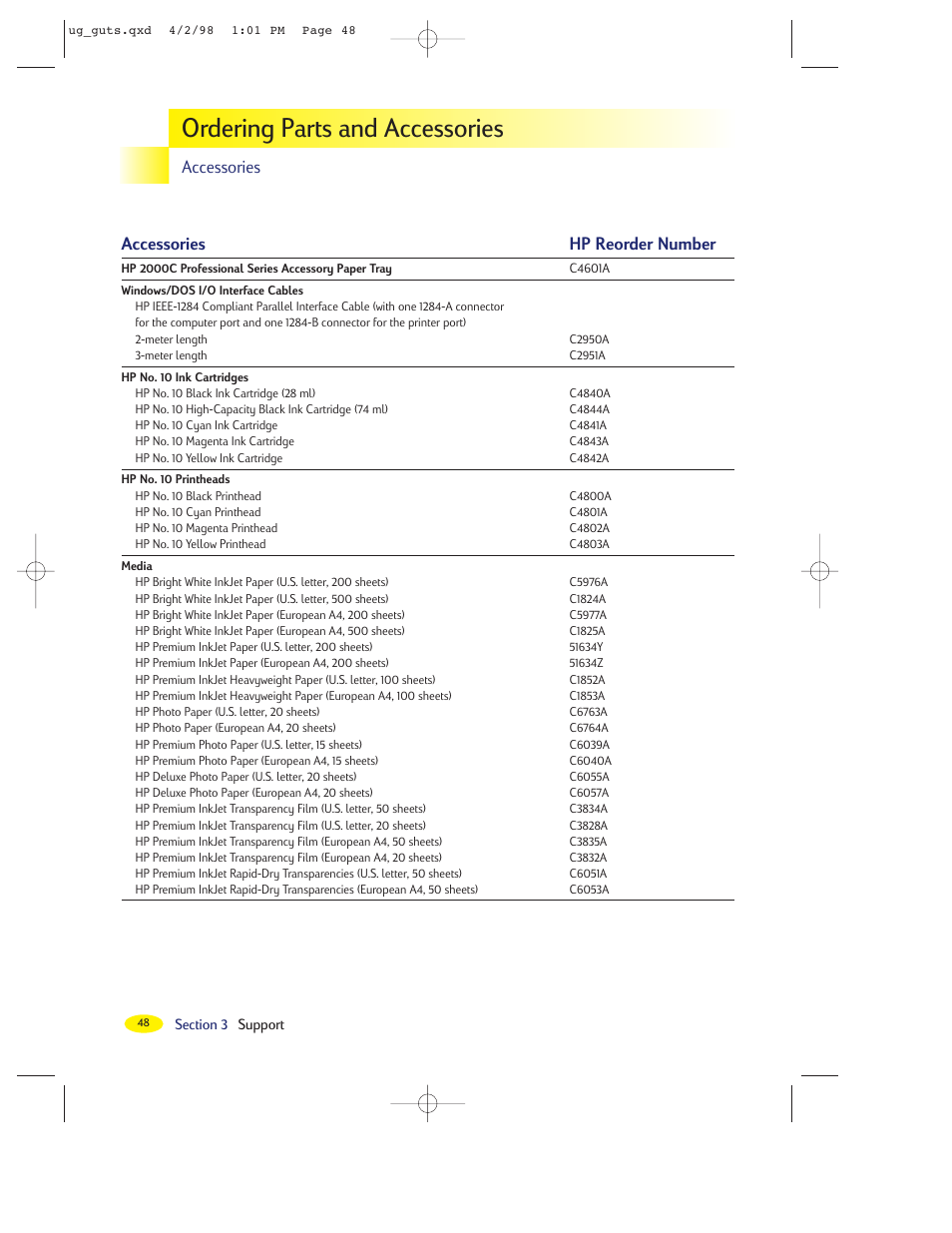 Ordering parts and accessories, Accessories hp reorder number, Accessories | HP 2000C User Manual | Page 45 / 53