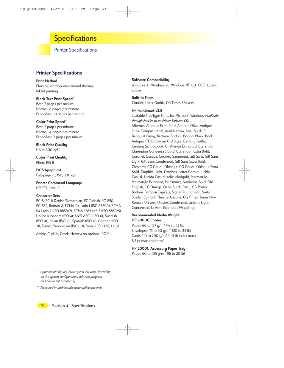 Specifications, Printer specifications | HP 2000C User Manual | Page 48 / 53