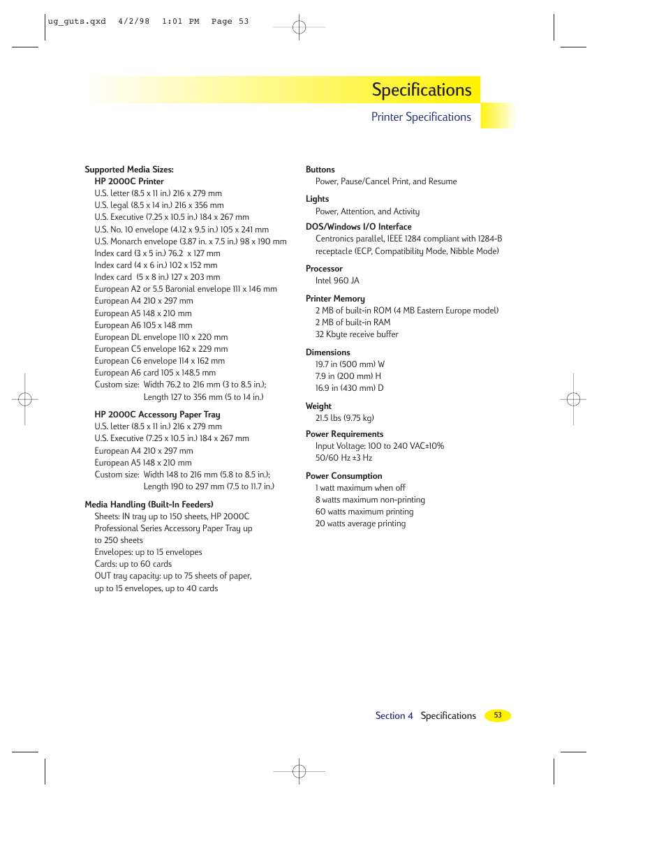 Specifications, Printer specifications | HP 2000C User Manual | Page 49 / 53