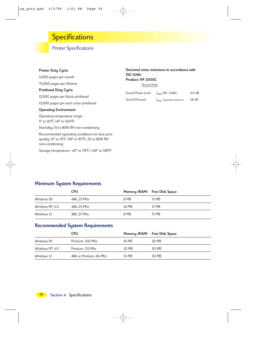 Specifications, Printer specifications, Minimum system requirements | Recommended system requirements | HP 2000C User Manual | Page 50 / 53