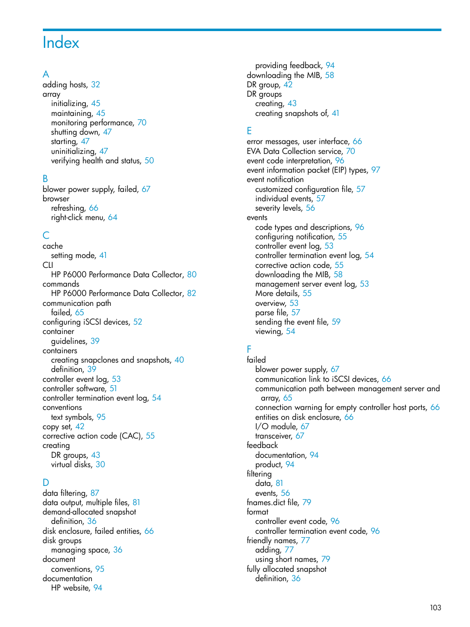 Index | HP P6000 User Manual | Page 103 / 105