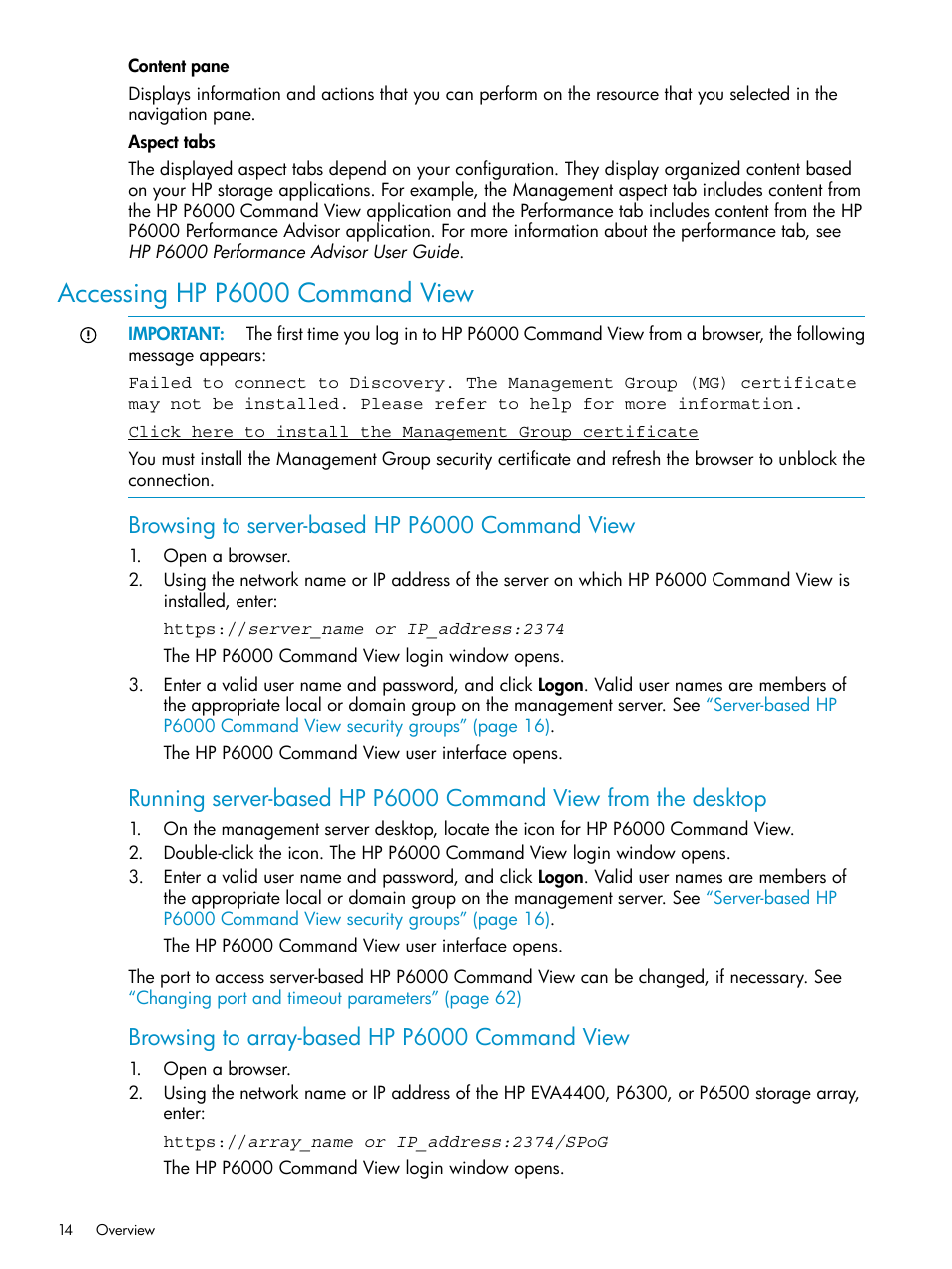 Accessing hp p6000 command view, Browsing to server-based hp p6000 command view, Browsing to array-based hp p6000 command view | HP P6000 User Manual | Page 14 / 105