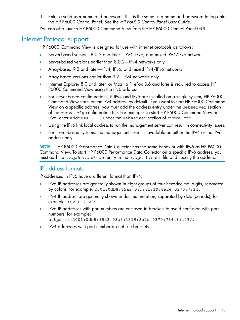 Internet protocol support, Ip address formats | HP P6000 User Manual | Page 15 / 105