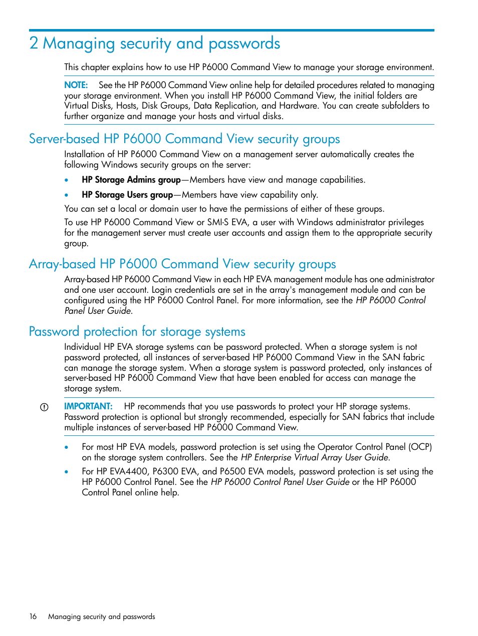 2 managing security and passwords, Server-based hp p6000 command view security groups, Array-based hp p6000 command view security groups | Password protection for storage systems, Server-based hp | HP P6000 User Manual | Page 16 / 105