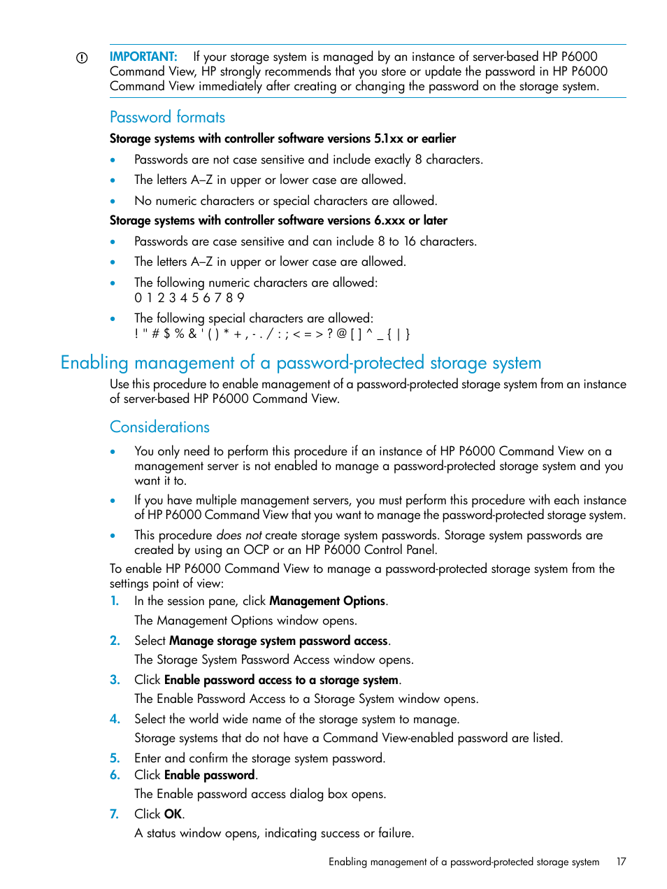 Password formats, Considerations | HP P6000 User Manual | Page 17 / 105