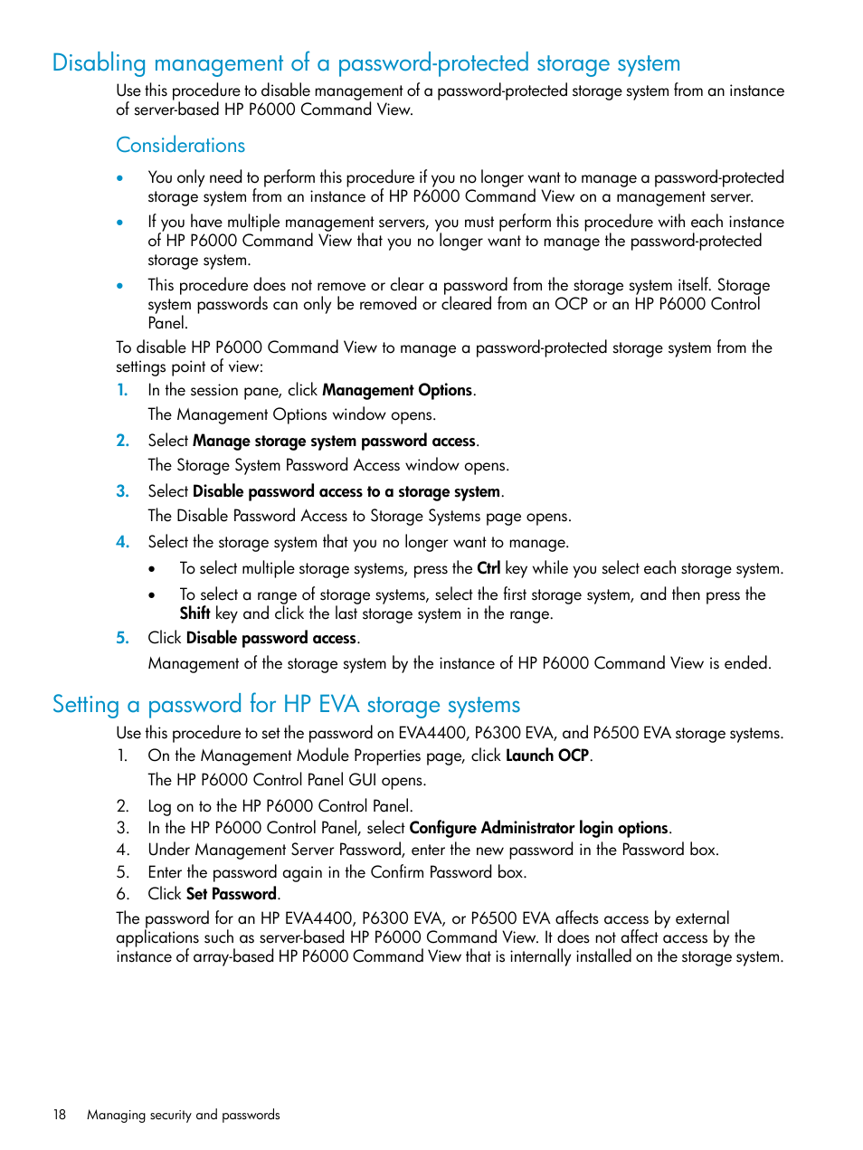 Setting a password for hp eva storage systems, Considerations | HP P6000 User Manual | Page 18 / 105