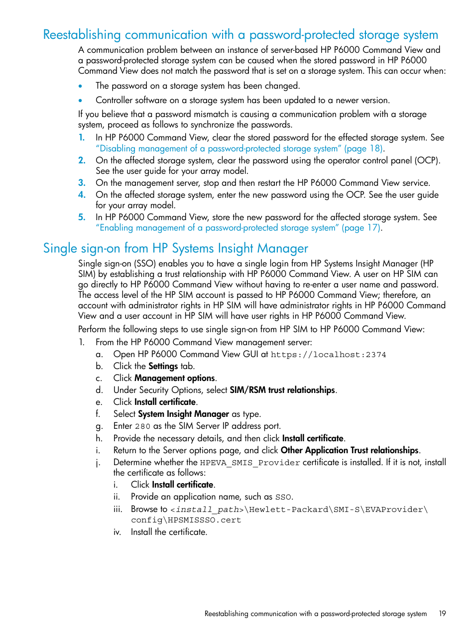 Single sign-on from hp systems insight manager | HP P6000 User Manual | Page 19 / 105