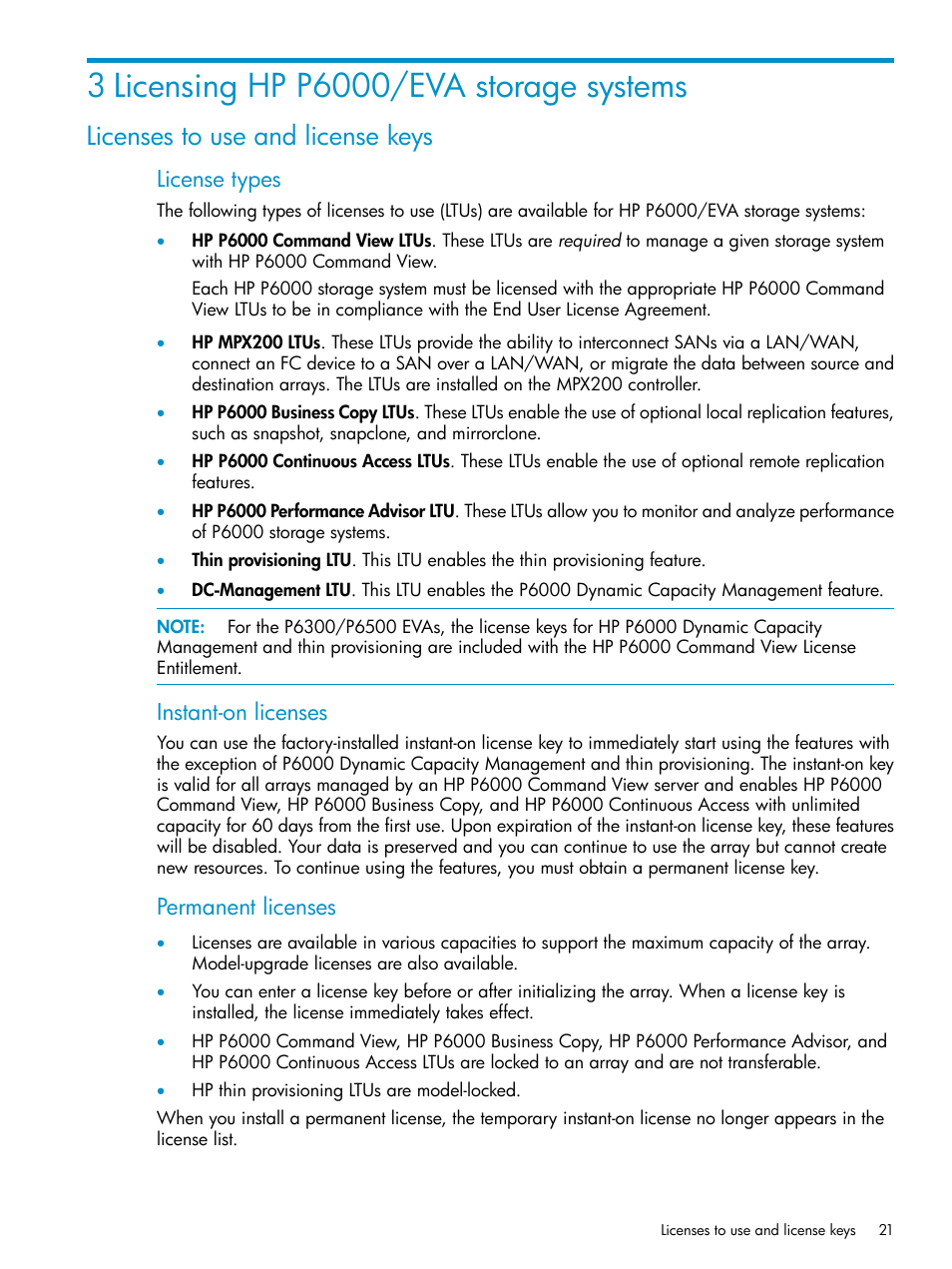 3 licensing hp p6000/eva storage systems, Licenses to use and license keys, License types | Instant-on licenses, Permanent licenses | HP P6000 User Manual | Page 21 / 105