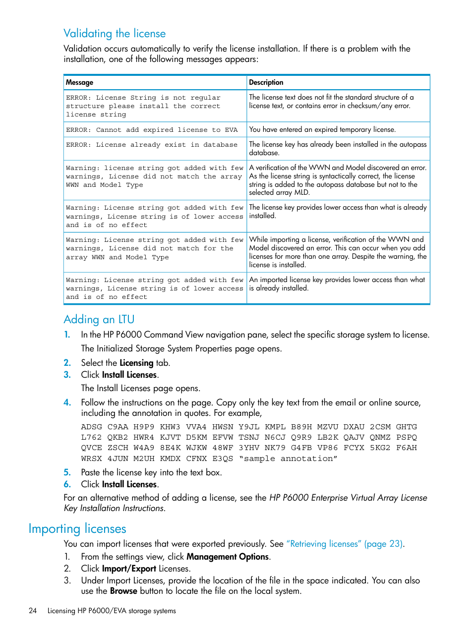 Importing licenses, Validating the license, Adding an ltu | HP P6000 User Manual | Page 24 / 105