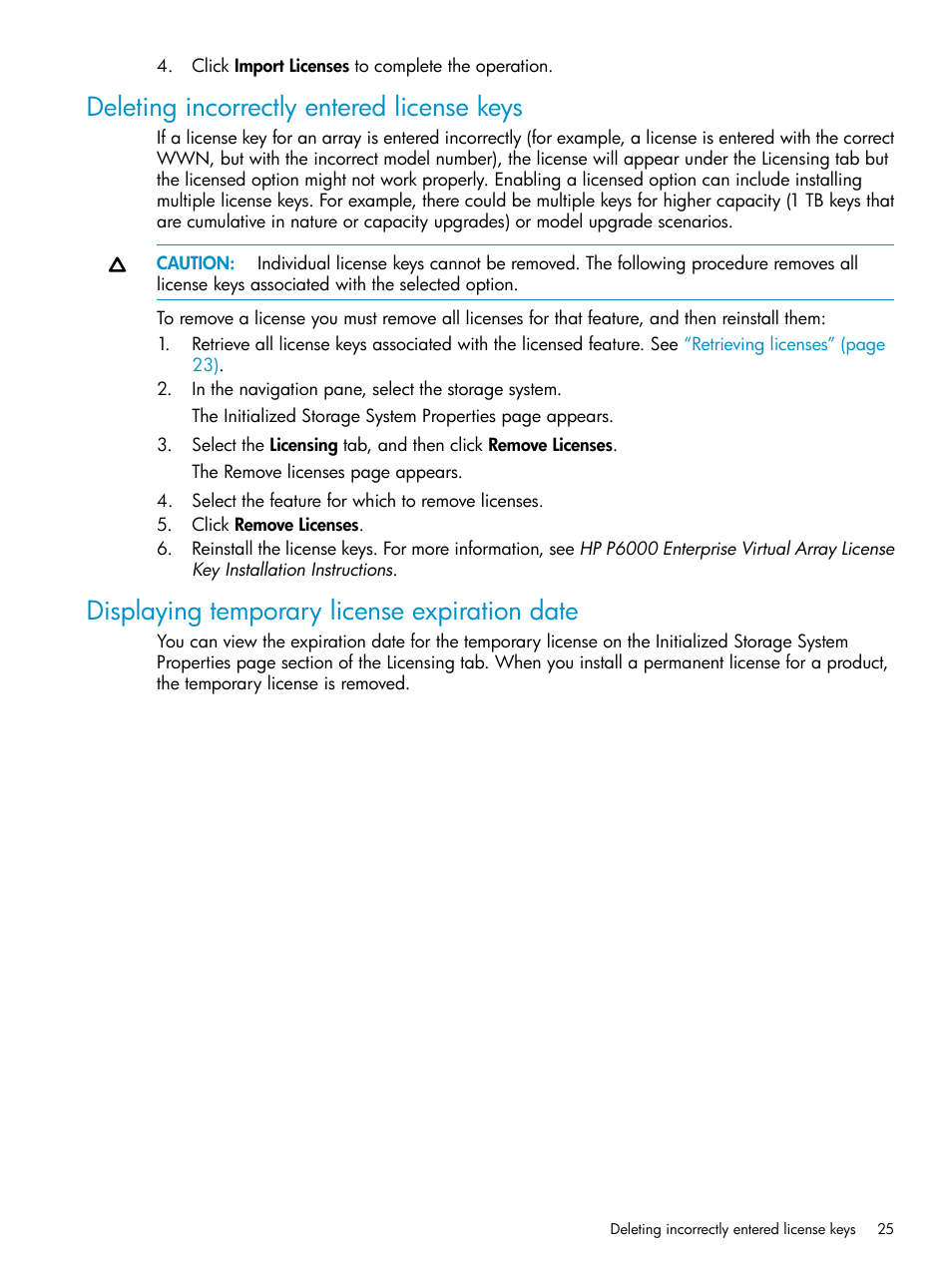 Deleting incorrectly entered license keys, Displaying temporary license expiration date | HP P6000 User Manual | Page 25 / 105