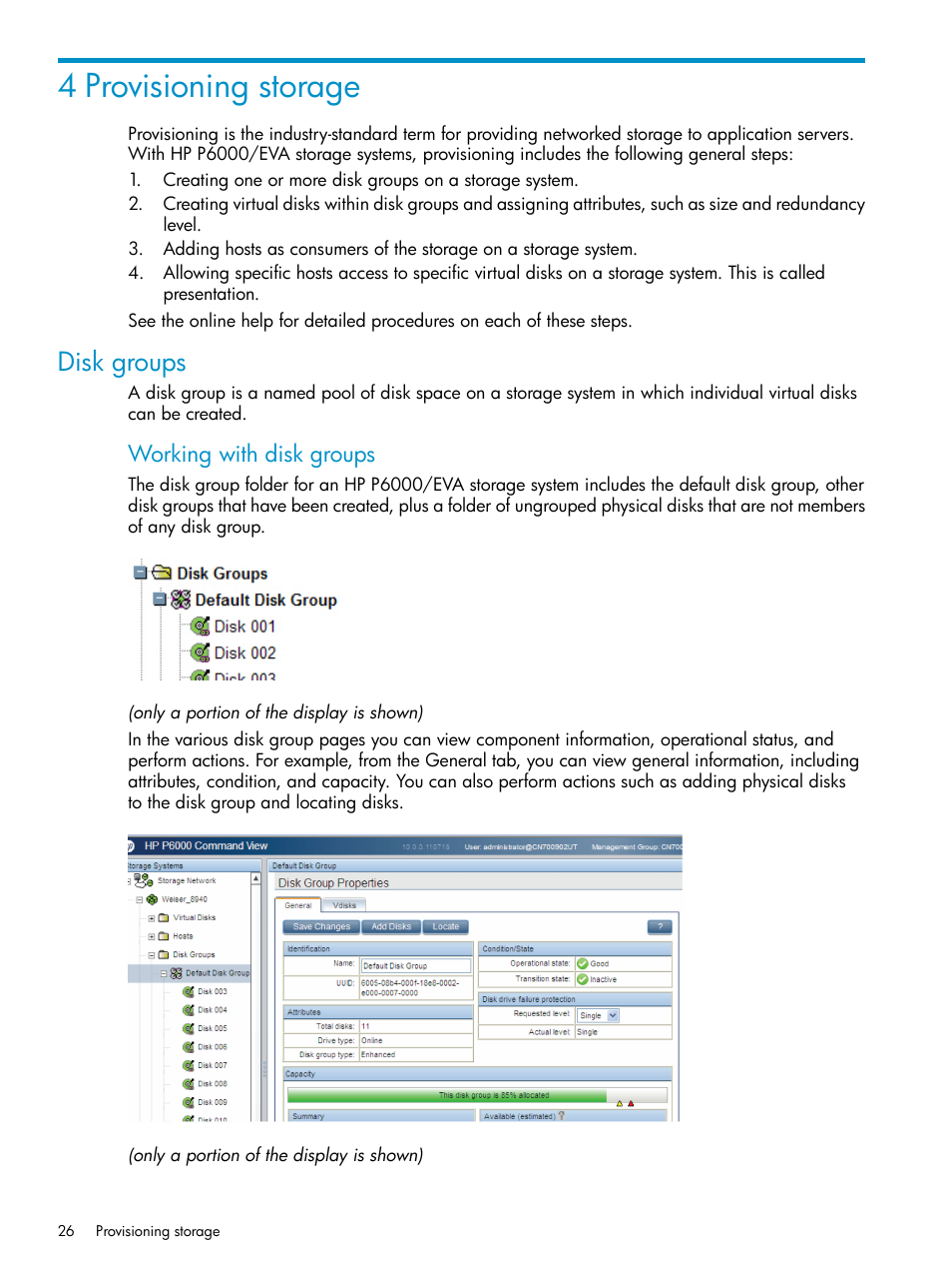 4 provisioning storage, Disk groups, Working with disk groups | HP P6000 User Manual | Page 26 / 105