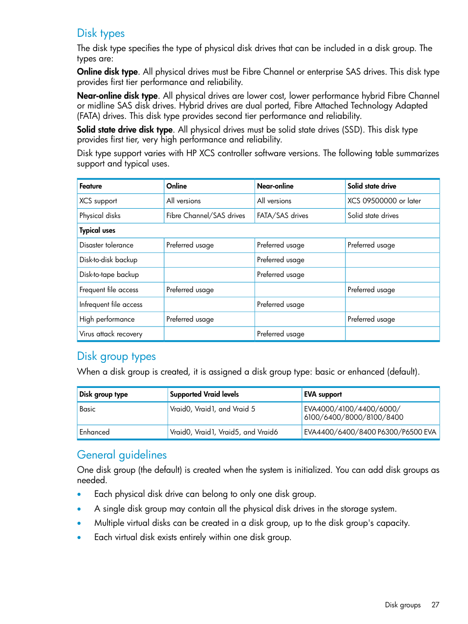 Disk types, Disk group types, General guidelines | HP P6000 User Manual | Page 27 / 105