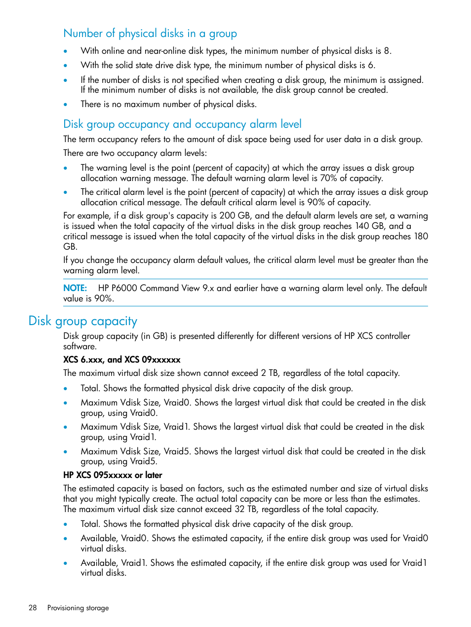 Disk group capacity, Number of physical disks in a group, Disk group occupancy and occupancy alarm level | HP P6000 User Manual | Page 28 / 105