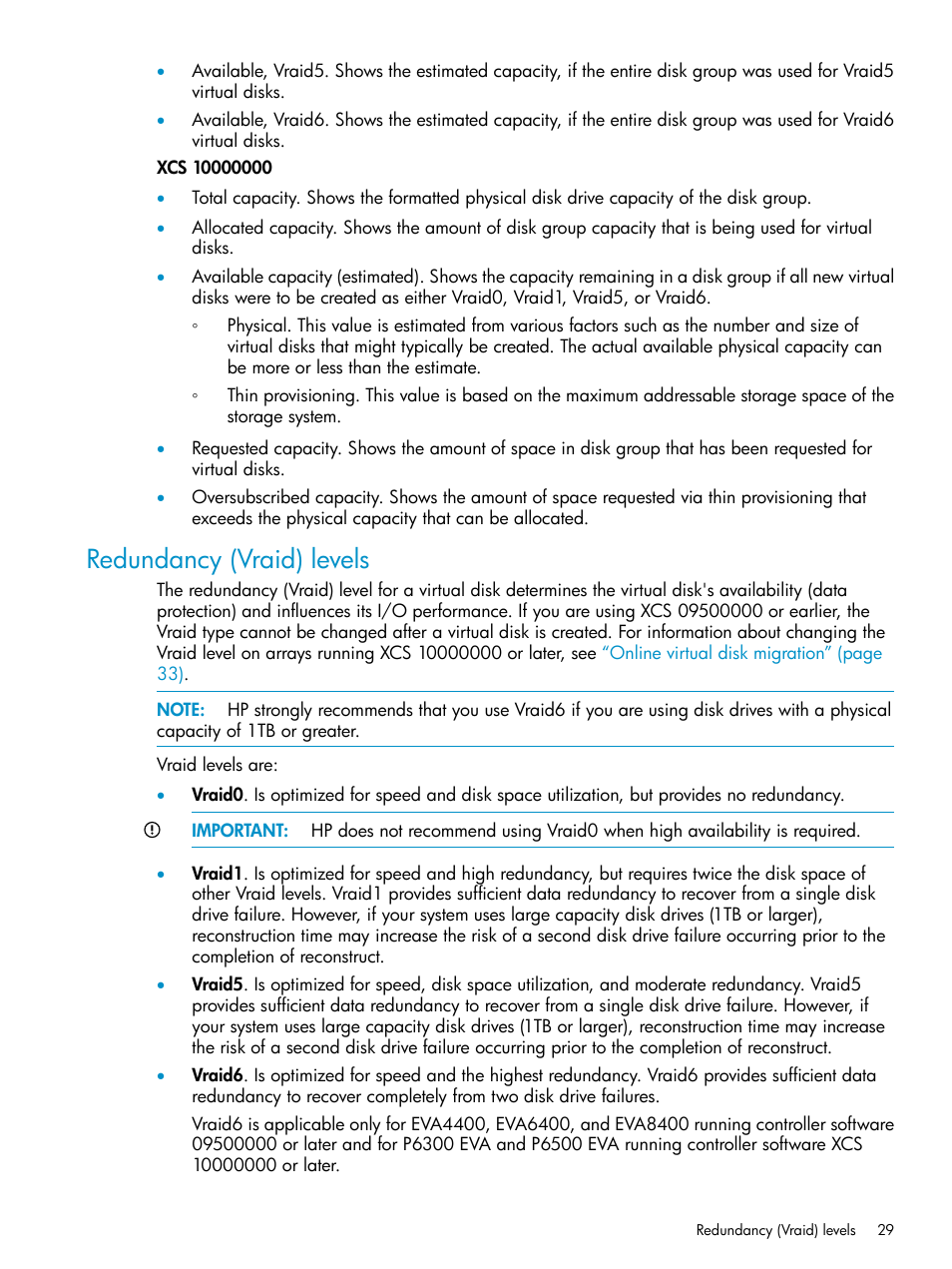 Redundancy (vraid) levels | HP P6000 User Manual | Page 29 / 105