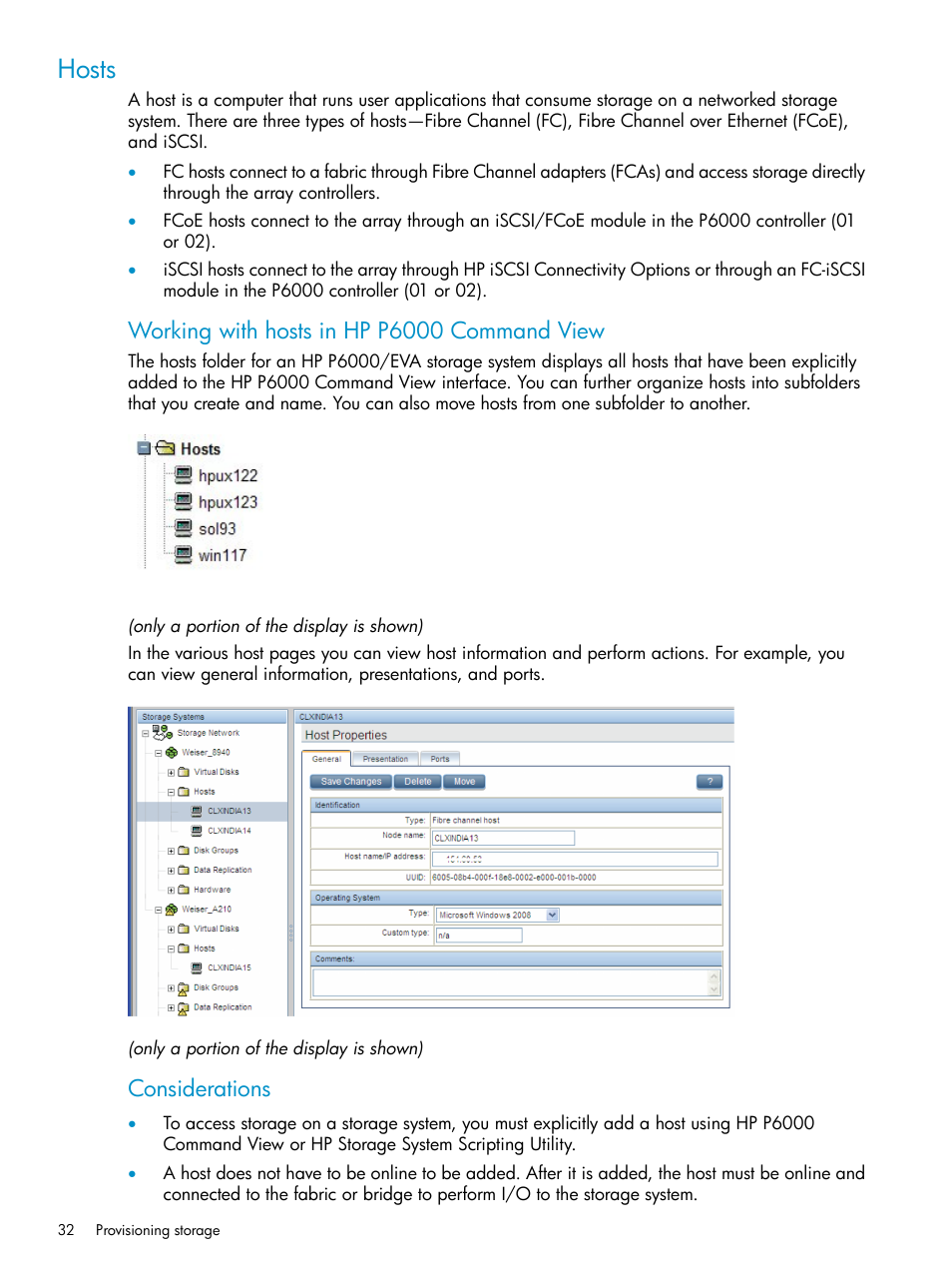 Hosts, Working with hosts in hp p6000 command view, Considerations | HP P6000 User Manual | Page 32 / 105