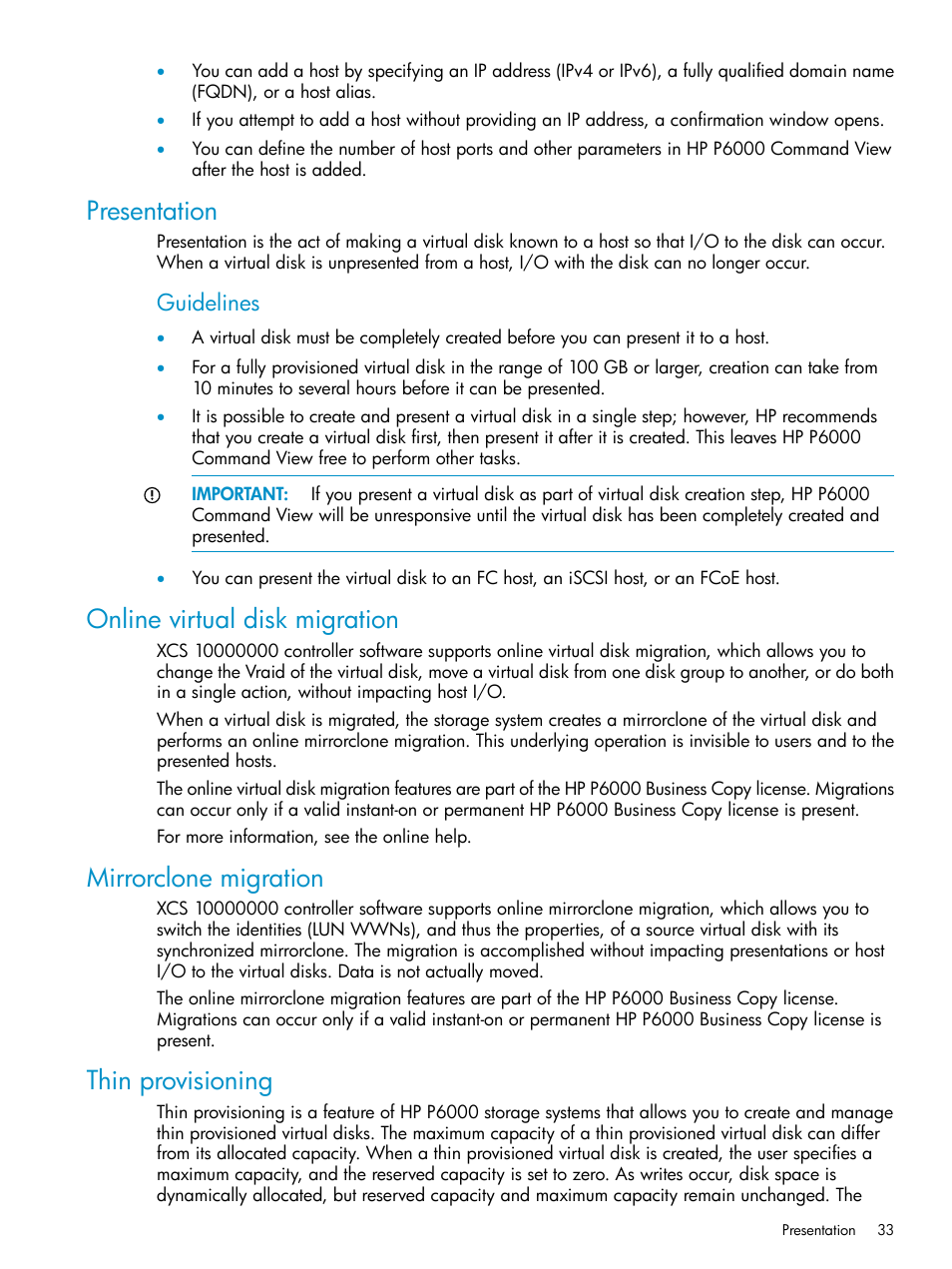 Presentation, Online virtual disk migration, Mirrorclone migration | Thin provisioning, Guidelines | HP P6000 User Manual | Page 33 / 105