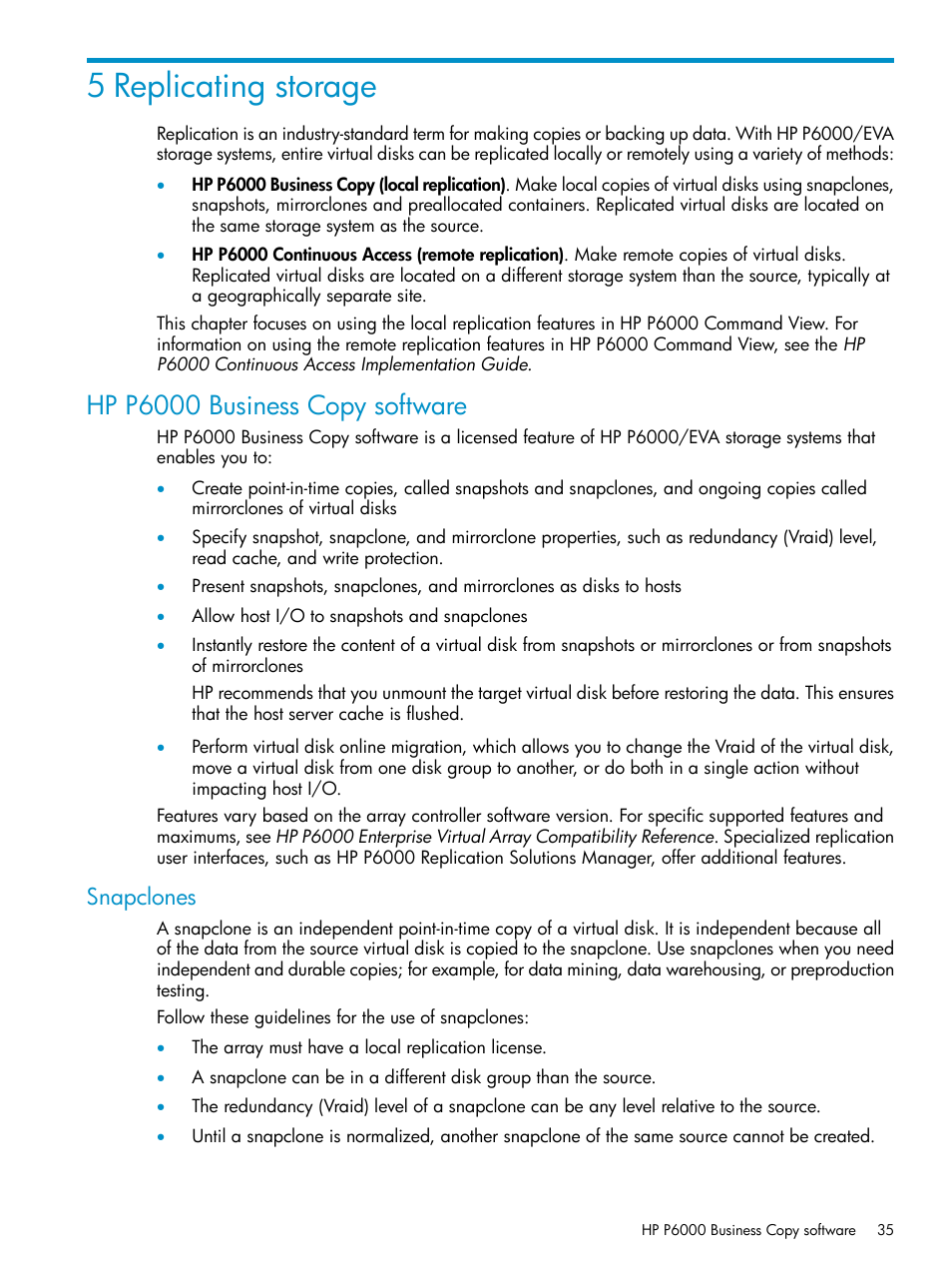 5 replicating storage, Hp p6000 business copy software, Snapclones | HP P6000 User Manual | Page 35 / 105