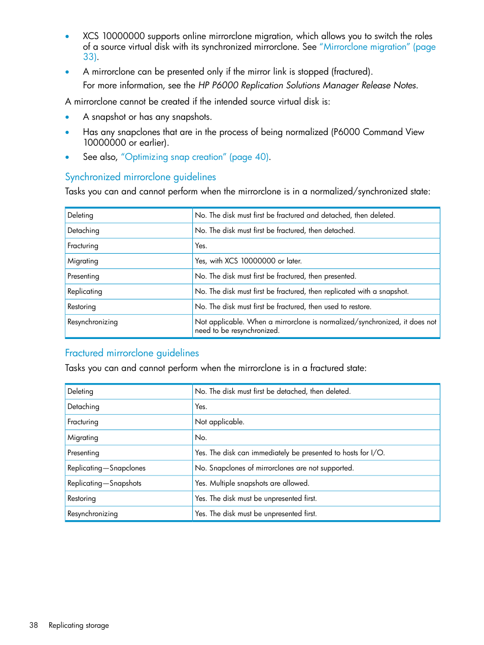 Synchronized mirrorclone guidelines, Fractured mirrorclone guidelines | HP P6000 User Manual | Page 38 / 105