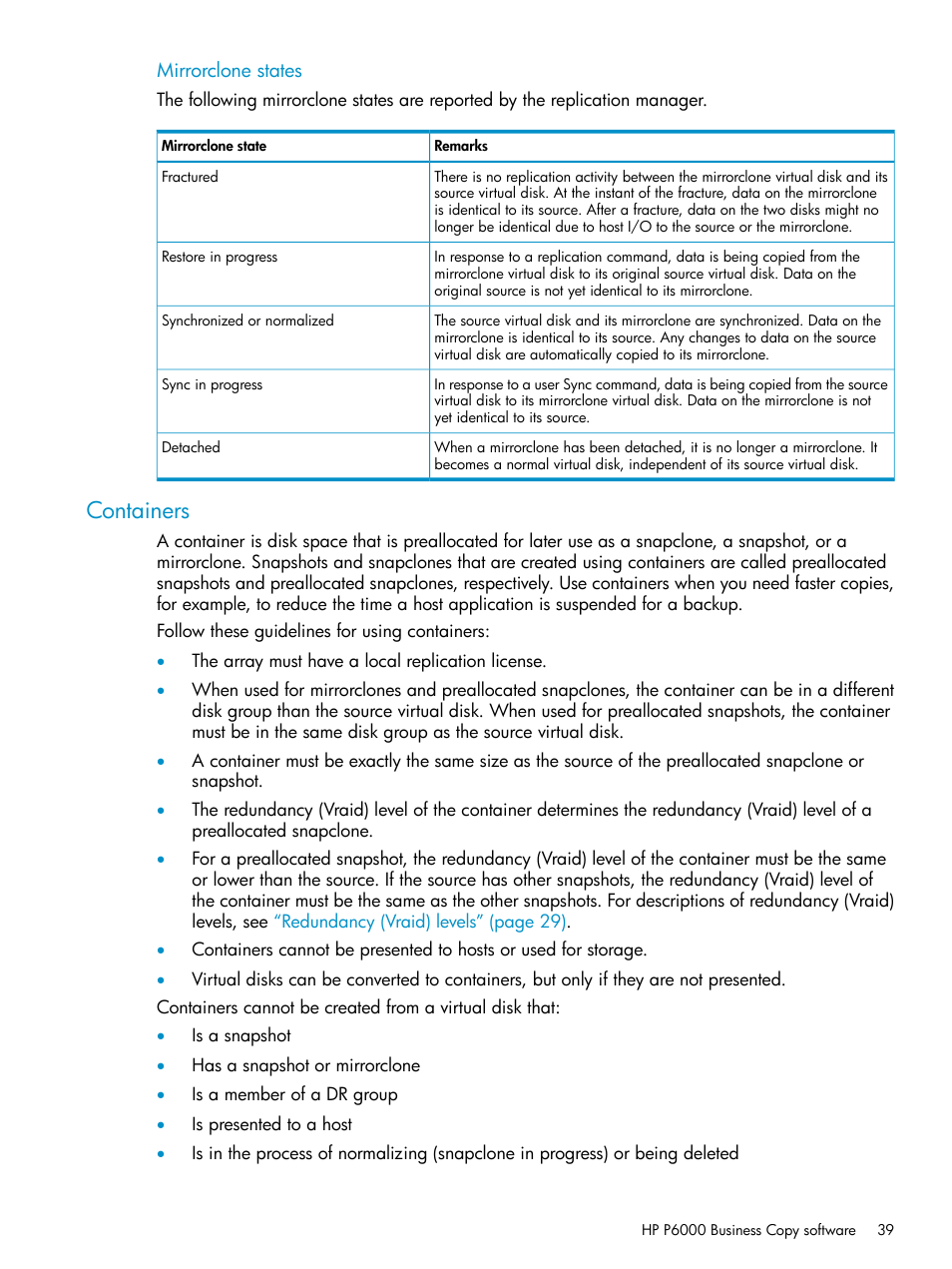 Containers | HP P6000 User Manual | Page 39 / 105