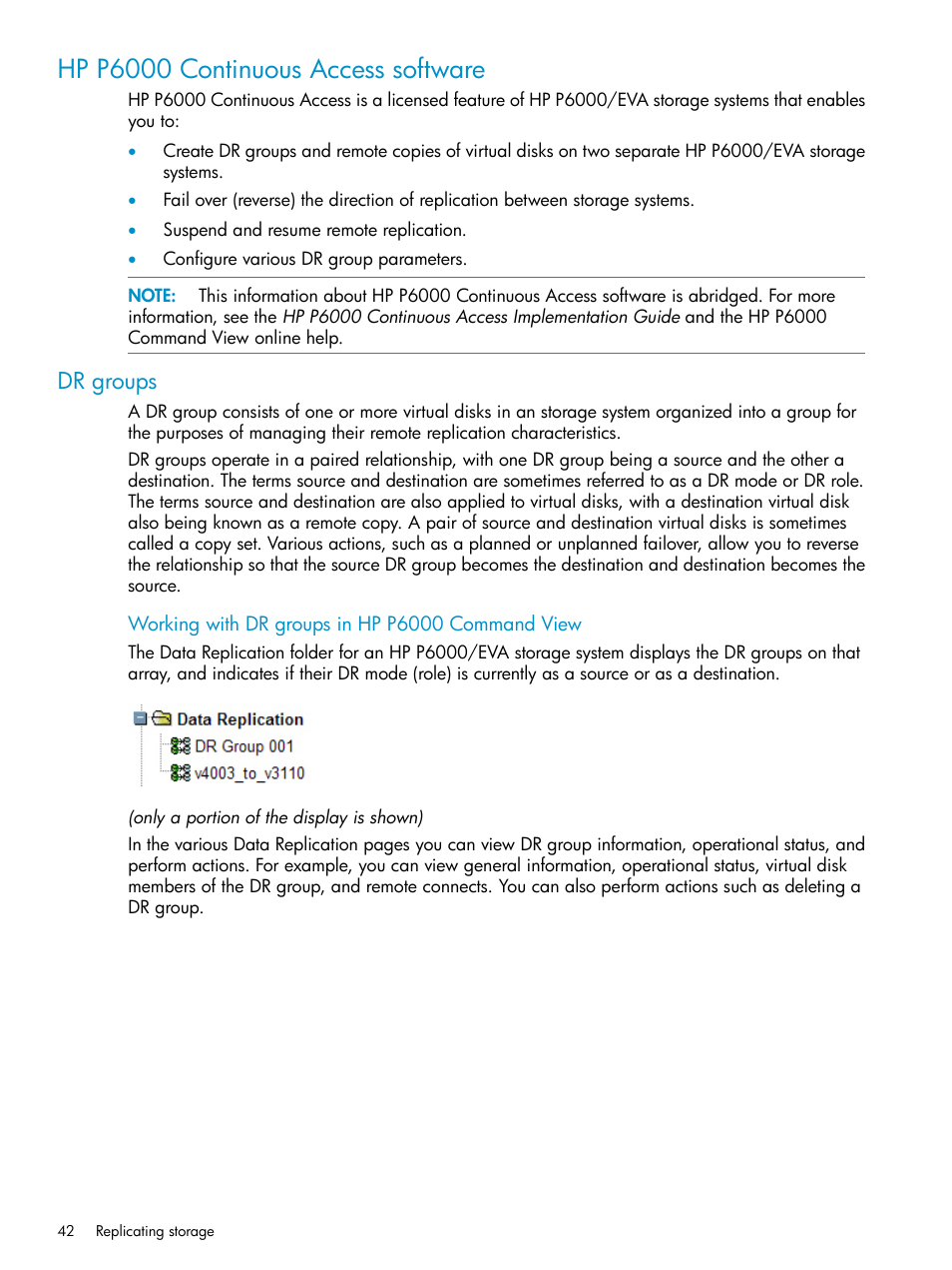 Hp p6000 continuous access software, Dr groups | HP P6000 User Manual | Page 42 / 105