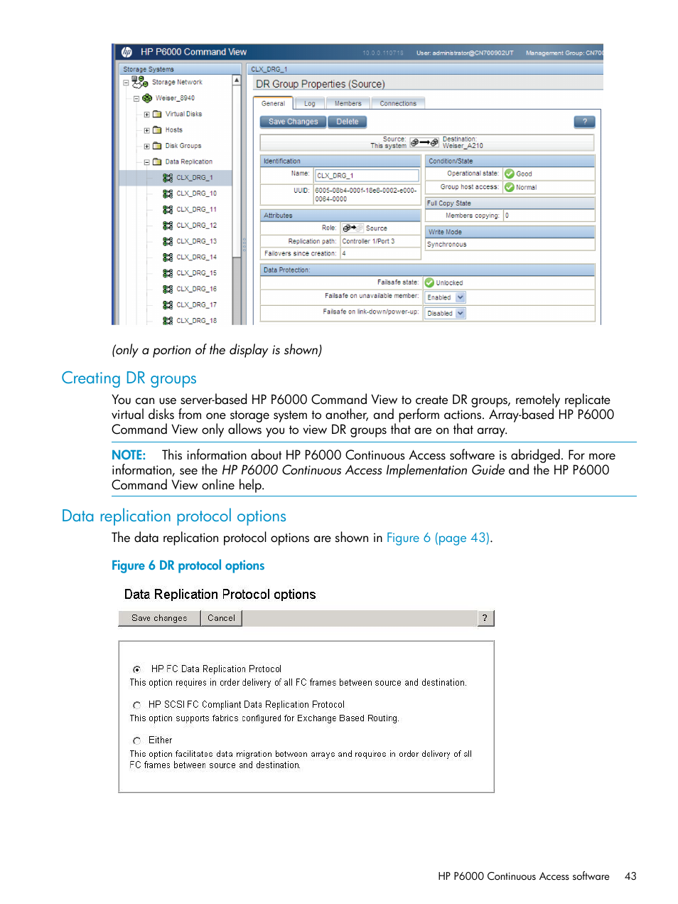 Creating dr groups, Data replication protocol options | HP P6000 User Manual | Page 43 / 105