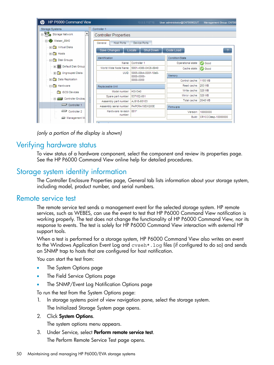 Verifying hardware status, Storage system identity information, Remote service test | HP P6000 User Manual | Page 50 / 105