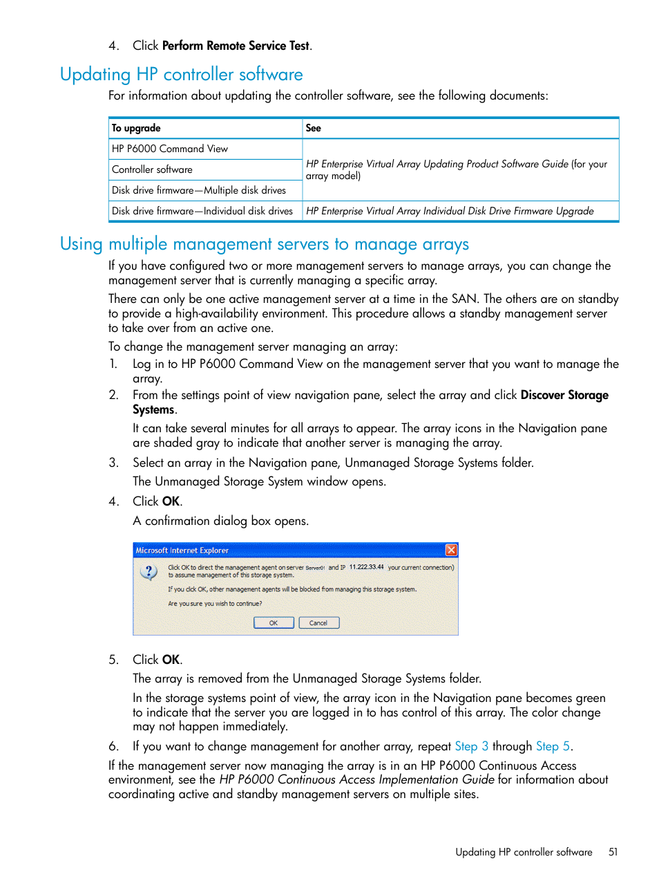 Updating hp controller software, Using multiple management servers to manage arrays | HP P6000 User Manual | Page 51 / 105