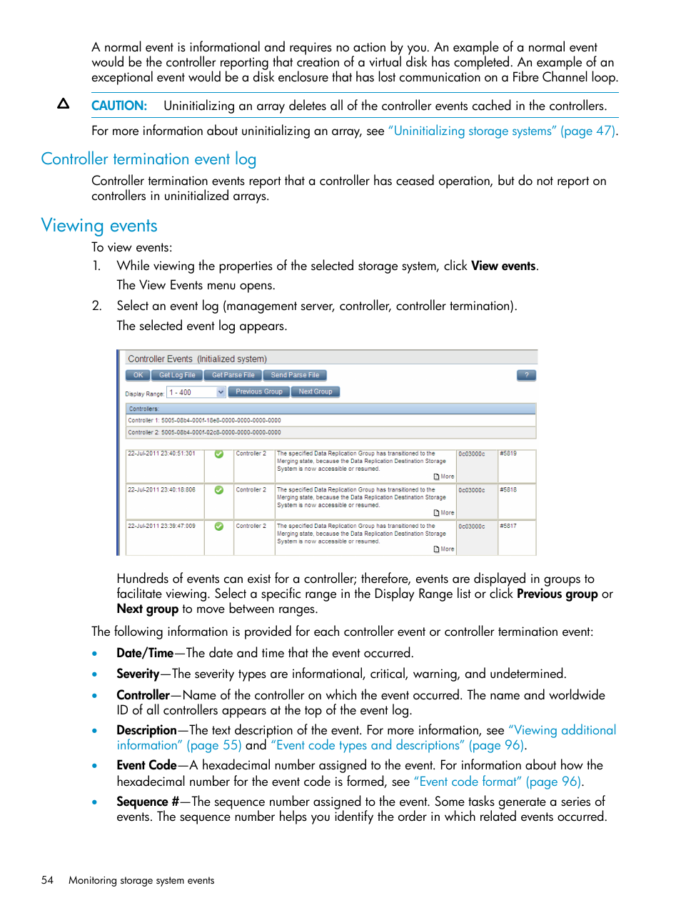 Controller termination event log, Viewing events | HP P6000 User Manual | Page 54 / 105