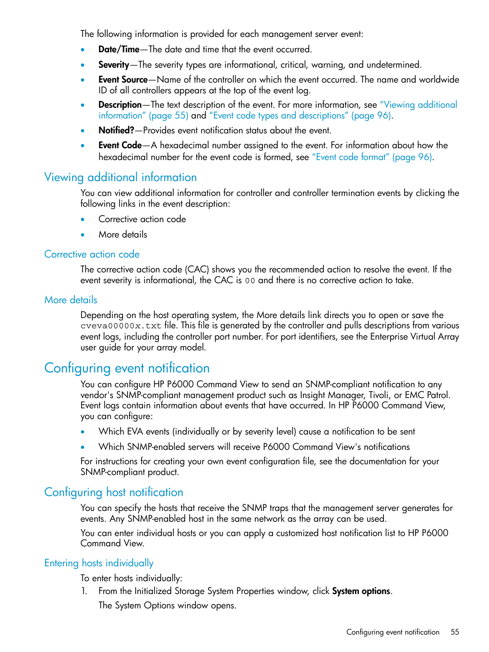 Viewing additional information, Corrective action code, More details | Configuring event notification, Configuring host notification, Entering hosts individually, Corrective action code more details, Viewing additional | HP P6000 User Manual | Page 55 / 105