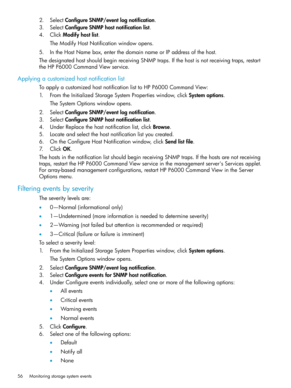 Applying a customized host notification list, Filtering events by severity | HP P6000 User Manual | Page 56 / 105