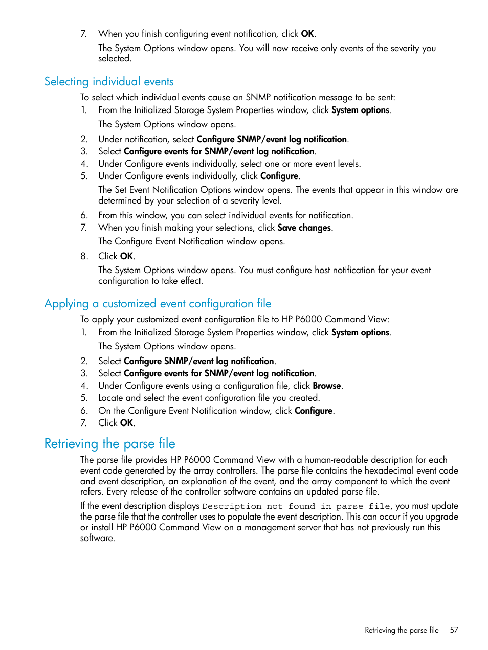 Selecting individual events, Applying a customized event configuration file, Retrieving the parse file | HP P6000 User Manual | Page 57 / 105