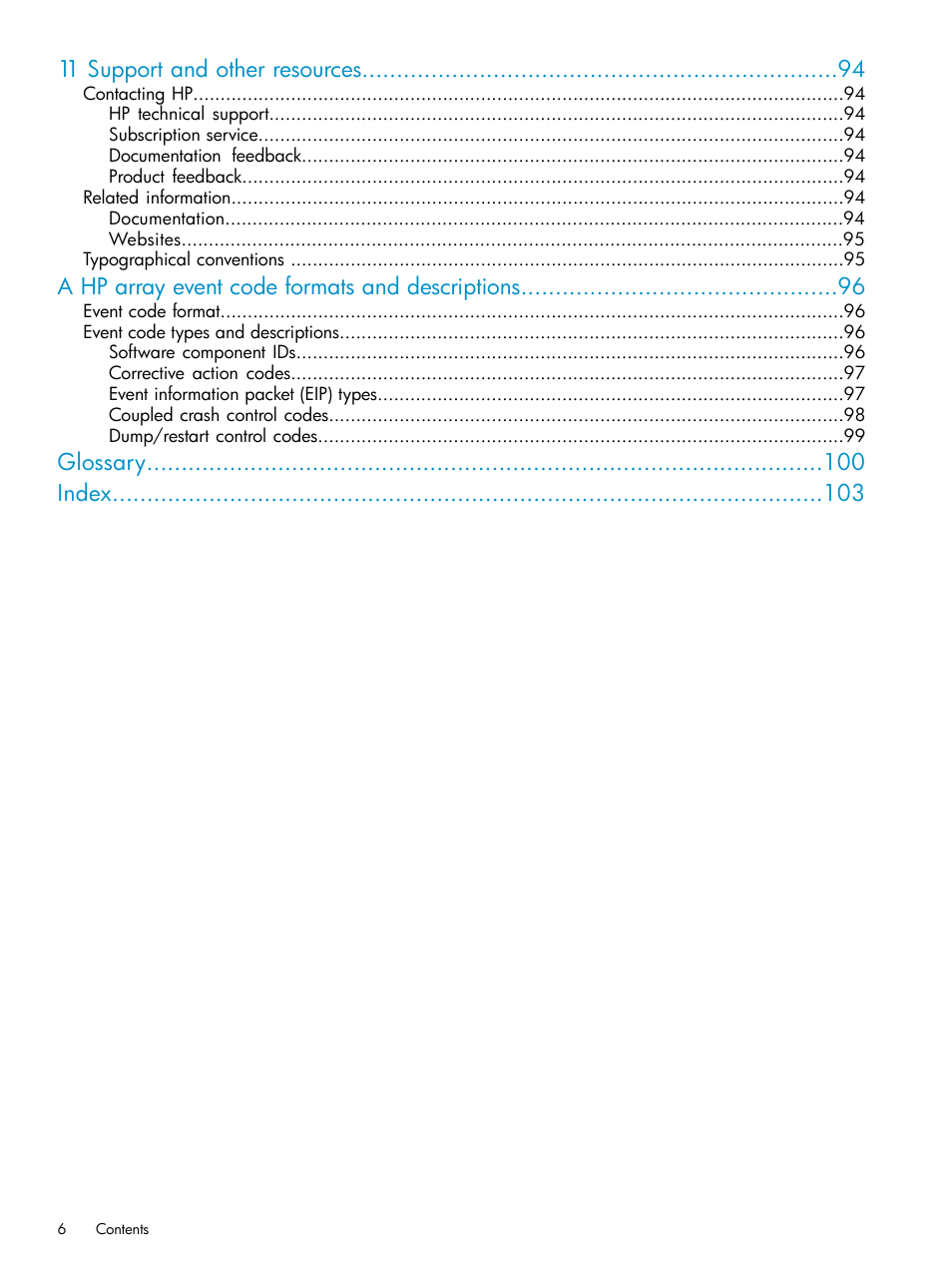 11 support and other resources, A hp array event code formats and descriptions, Glossary index | HP P6000 User Manual | Page 6 / 105