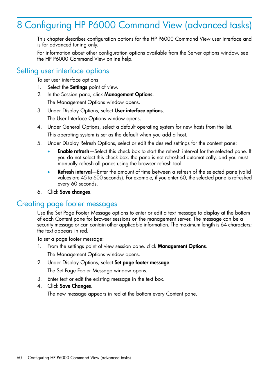 Setting user interface options, Creating page footer messages | HP P6000 User Manual | Page 60 / 105