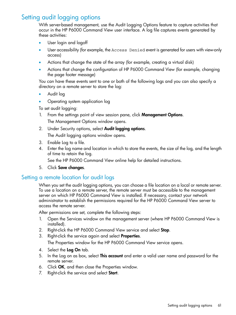 Setting audit logging options, Setting a remote location for audit logs | HP P6000 User Manual | Page 61 / 105