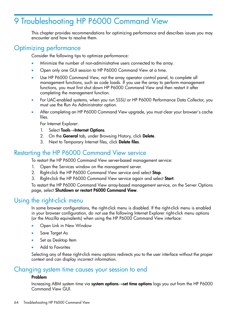 9 troubleshooting hp p6000 command view, Optimizing performance, Restarting the hp p6000 command view service | Using the right-click menu, Changing system time causes your session to end | HP P6000 User Manual | Page 64 / 105